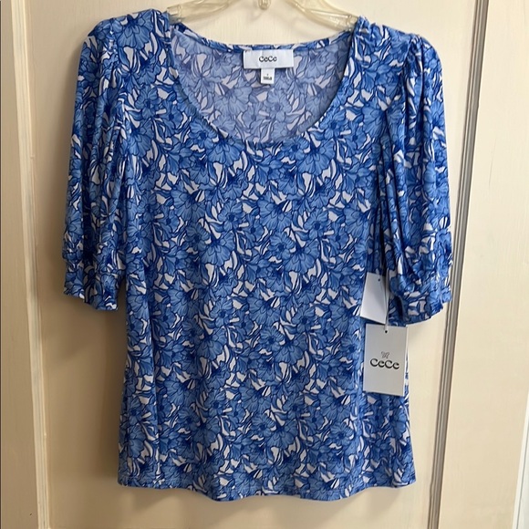 CeCe Blue and White Puff Sleeve Fitted Blouse - Picture 1 of 7